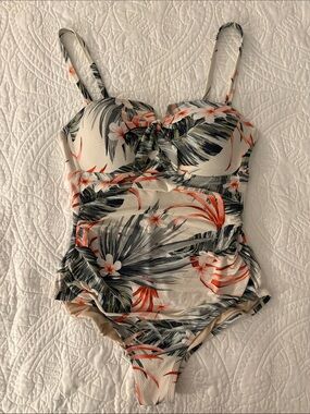 Kona Sol Cream Floral One-Piece Swimsuit with Coral and Green Leaves
